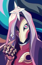 Rule 34 | 1boy, dark cosmic jhin, hand up, highres, hood, hood up, jhin, kenneky, league of legends, looking at viewer, male focus, mask, multicolored background, pink eyes, sniping, solo, upper body
