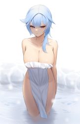Rule 34 | 1girl, absurdres, blue hair, blush, breasts, cleavage, closed mouth, collarbone, covering privates, eula (genshin impact), genshin impact, highres, in water, large breasts, lordol, medium hair, nude cover, onsen, solo, standing, towel, wading, water