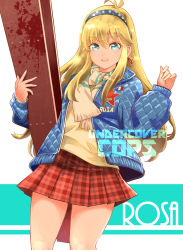 Rule 34 | 1girl, antenna hair, blonde hair, blue eyes, blue jacket, character name, copyright name, cowboy shot, earrings, hairband, hayadai, highres, holding, irem, jacket, jewelry, long hair, looking at viewer, multicolored clothes, multicolored scarf, plaid, plaid skirt, polka dot, red skirt, rosa felmonde, scarf, shirt, sidelocks, simple background, skirt, smile, solo, standing, striped clothes, striped scarf, undercover cops, white background, yellow shirt
