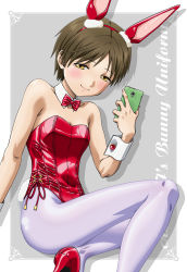 Rule 34 | 1girl, akebi-chan no serafuku, animal ears, boo (takagi), bow, bowtie, breasts, cellphone, commentary request, detached collar, highres, leotard, pantyhose, phone, playboy bunny, purple pantyhose, rabbit ears, rabbit tail, red bow, red bowtie, red leotard, selfie, short hair, small breasts, solo, tail, tanigawa kei, traditional bowtie, white leotard, wrist cuffs, yellow eyes