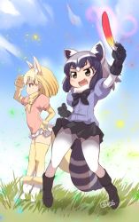 Rule 34 | 10s, 2girls, :d, animal ears, blue sky, blush, boots, bow, bowtie, brown eyes, common raccoon (kemono friends), day, ez6, fang, feathers, fennec (kemono friends), fox ears, fox tail, full body, gloves, grass, half-closed eyes, kemono friends, legs, multiple girls, open mouth, outdoors, pantyhose, pleated skirt, puffy short sleeves, puffy sleeves, raccoon ears, raccoon tail, short sleeves, skirt, sky, smile, tail, thighhighs, white legwear