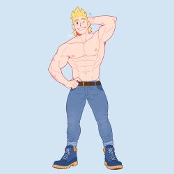 Rule 34 | 1boy, abs, absurdres, alternate costume, arm behind head, bara, blonde hair, blue pants, boku no hero academia, casual, denim, feraltintinsimp, full body, hand on own hip, highres, jeans, male focus, muscular, muscular male, navel, nipples, one eye closed, pants, pants rolled up, pectorals, scar, scar on arm, topless male, shoes, short hair, solo, thighs, togata mirio