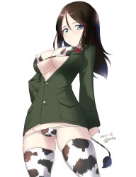 Rule 34 | 1girl, animal print, artist name, bikini, black hair, blue eyes, blush, breasts, cameltoe, chinese zodiac, covered erect nipples, cow print, cow tail, dated, fake tail, girls und panzer, groin, highres, kuzuryuu kennosuke, large breasts, looking at viewer, looking down, micro bikini, military, military uniform, nonna (girls und panzer), pravda military uniform, shiny skin, simple background, solo, standing, swimsuit, tail, thighhighs, uniform, white background, year of the ox