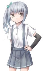 Rule 34 | 10s, 1girl, arm warmers, bad id, bad pixiv id, bow, dress shirt, frown, grey hair, grey skirt, hair bow, kantai collection, kasumi (kancolle), long hair, pleated skirt, shirt, short sleeves, side ponytail, simple background, skirt, solo, suspenders, white background, yellow eyes, yuyuzuki (yume usagi)