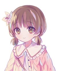 Rule 34 | 1girl, bad id, bad pixiv id, blush, brown eyes, brown hair, closed mouth, copyright request, flower, frilled shirt collar, frills, hair flower, hair ornament, jacket, low twintails, pink jacket, poyo (shwjdddms249), shirt, short twintails, simple background, smile, solo, twintails, white background, white flower, white shirt