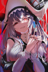 Rule 34 | 1girl, arknights, black hat, blood, breasts, detached sleeves, hair between eyes, hat, highres, long hair, looking at viewer, nail polish, red background, red eyes, smile, solo, specter (arknights), specter the unchained (arknights), very long hair, yo-ba yo