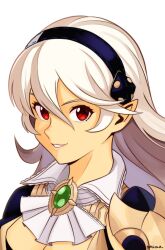 Rule 34 | 1girl, artist name, corrin (female) (nohr noble) (fire emblem), corrin (fire emblem), fire emblem, fire emblem fates, fire emblem heroes, grey hair, hairband, highres, long hair, nintendo, official alternate costume, parted lips, pointy ears, red eyes, simple background, smgold, smile, solo, upper body, white background