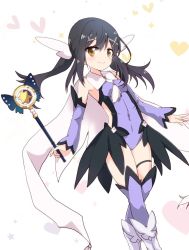 Rule 34 | 1girl, black hair, breasts, fate/grand order, fate/kaleid liner prisma illya, fate (series), feet out of frame, hair between eyes, hair ornament, hairclip, kaleidostick, leotard, long hair, looking at viewer, magical girl, magical sapphire, massala, miyu edelfelt, purple leotard, simple background, small breasts, solo, standing, thighhighs, wand, white background, x hair ornament, yellow eyes