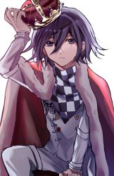 Rule 34 | 1boy, arm up, black hair, buttons, caeser (caeser1112), checkered clothes, checkered scarf, crown, danganronpa (series), danganronpa v3: killing harmony, double-breasted, feet out of frame, frown, hair between eyes, highres, holding, holding crown, jacket, long sleeves, looking at viewer, male focus, oma kokichi, purple eyes, purple hair, royal robe, scarf, short hair, simple background, solo, white background
