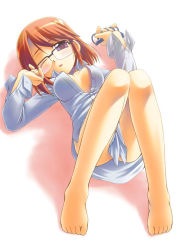 Rule 34 | 1girl, barefoot, blue eyes, feet, foreshortening, glasses, komaki manaka, one eye closed, open clothes, open shirt, shirt, short hair, solo, to heart (series), to heart 2, wink