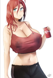 Rule 34 | 1girl, breasts, can, cleavage, crop top, drink, drink can, ear piercing, hair ornament, hairclip, highres, holding, holding drink, huge breasts, ibara azuki, lactation, lactation through clothes, looking to the side, medium hair, midriff, original, pants, piercing, red hair, soda can, standing, track pants, watermark, wet, wet clothes, white background