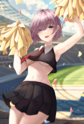 Rule 34 | 1girl, :d, absurdres, adapted costume, armpits, arms up, black shirt, black skirt, breasts, cheerleader, confetti, cowboy shot, crop top, crop top overhang, cropped shirt, day, fate/grand order, fate (series), hair over one eye, highres, holding, holding pom poms, large breasts, looking at viewer, mash kyrielight, miniskirt, navel, necktie, open mouth, outdoors, pink hair, pleated skirt, pom pom (cheerleading), pom poms, popcat (jung5u), purple eyes, purple hair, red necktie, shirt, short hair, skirt, sleeveless, smile, solo, stadium, stomach, sweat, underboob