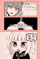Rule 34 | 2girls, 3koma, alternate costume, apple, apple on head, blunt bangs, blush, chibi, comic, commentary, commentary request, emphasis lines, english commentary, english text, food, fruit, gawr gura, greyscale with colored background, highres, hololive, hololive english, index finger raised, looking at viewer, math, matsubara tsuyoshi, medium hair, monochrome, multiple girls, object on head, open mouth, pun, red background, school uniform, serafuku, shark girl, sharp teeth, sidelocks, takanashi kiara, teeth, translated, two side up, upper teeth only, virtual youtuber