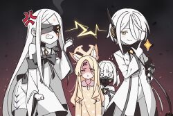 Rule 34 | 4girls, anger vein, animal ears, artist logo, black mask, blindfold, blonde hair, blue archive, blush, clenched teeth, closed mouth, coat, colored skin, covered eyes, dress, ein (blue archive), forehead, fox ears, hair over one eye, halo, highres, long hair, long sleeves, mask, mechanical hands, medium hair, multiple girls, nako775, navel, ohr (blue archive), pajamas, parted lips, polka dot, polka dot pajamas, respirator, seia (blue archive), shaded face, short hair, smug, sof (blue archive), symbol-shaped pupils, teeth, twintails, white coat, white dress, white hair, white skin, wide sleeves, x-shaped pupils, yellow eyes, yellow halo, yellow pajamas