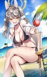 Rule 34 | 1girl, animal ears, beach, bikini, black bikini, blue archive, blue sky, breasts, candy, chair, cleavage, cloud, crossed legs, day, fake animal ears, fang, food, front-tie bikini top, front-tie top, halo, highres, holding, holding candy, holding food, horizon, large breasts, light brown hair, lollipop, looking at viewer, mayoichi, moe (blue archive), navel, open clothes, open mouth, outdoors, palm tree, round eyewear, sand, shirt, side-tie bikini bottom, sky, solo, stomach, sweat, swimsuit, teeth, thighs, tongue, tree, twintails, water, white shirt, yellow eyes