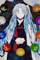 Rule 34 | 1girl, alternate costume, angela (project moon), black dress, blue hair, closed eyes, coat, coat on shoulders, colored skin, cowboy shot, dress, facing viewer, grey background, hanbok, highres, korean clothes, light blue hair, lobotomy corporation, long hair, long sleeves, one side up, orb, own hands together, project moon, smile, snowflakes, snowing, solo, straight-on, tractrix, white coat, white skin
