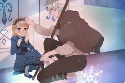Rule 34 | 1boy, 1girl, crossover, crying, elsa (frozen), frozen (disney), hand on head, jack frost (rise of the guardians), rise of the guardians, staff, tears, white hair