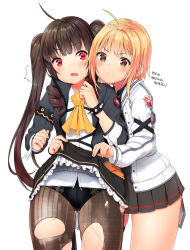 Rule 34 | 2girls, agnamore, ahoge, ascot, bad id, bad pixiv id, black jacket, black panties, black shirt, black skirt, blonde hair, bracelet, brown eyes, brown legwear, closed mouth, clothes lift, collared shirt, commentary request, fang, fingernails, haru estia, heart, heart-shaped pupils, highres, jacket, jewelry, korean commentary, korean text, lifting another&#039;s clothes, lily bloomerchen, lily bloommerchen, long hair, long sleeves, multiple girls, nail polish, open mouth, orange ascot, panties, pantyhose, pink nails, pleated skirt, red eyes, ringlets, shirt, simple background, skindentation, skirt, skirt lift, smile, soulworker, spiked bracelet, spikes, symbol-shaped pupils, torn clothes, torn legwear, translation request, twintails, underwear, very long hair, white background, white jacket, white shirt