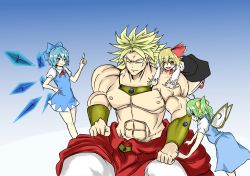 Rule 34 | blonde hair, blue eyes, blue hair, bow, broly (dragon ball z), chokobo (fire89), cirno, crossover, daiyousei, dragon ball, dragonball z, dress, fire89, green hair, multiple girls, muscular, red eyes, rumia, short hair, side ponytail, touhou, wings