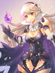 1girl armor black_armor black_hairband breasts cape cleavage closed_mouth corrin_(female)_(fire_emblem) corrin_(female)_(nohr_noble)_(fire_emblem) corrin_(fire_emblem) fire_emblem fire_emblem_fates hairband highres large_breasts leotard long_hair medium_breasts nintendo pointy_ears red_eyes shira_yu_ki simple_background solo stone torn_cape torn_clothes white_hair