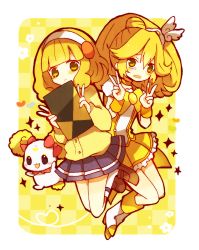 Rule 34 | 10s, 2girls, blonde hair, blush, boots, bow, candy (smile precure!), cardigan, checkered background, choker, cure peace, double v, dress, dual persona, hair flaps, hairband, kise yayoi, long hair, magical girl, multiple girls, nayu (rhododendron), notebook, pink bow, ponytail, precure, school uniform, skirt, smile precure!, tears, tiara, v, white hairband, wrist cuffs, yellow background, yellow bow, yellow dress, yellow eyes, yellow skirt, yellow theme