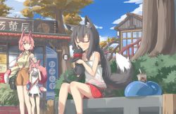 Rule 34 | 3girls, absurdres, animal, animal ear fluff, animal ears, bare legs, bare shoulders, black hair, brown shorts, camisole, cat, child, closed eyes, collarbone, covering face, day, dress, fox ears, fox girl, fox tail, grey dress, hair between eyes, hair ornament, hair over shoulder, hairclip, hand on another&#039;s head, highres, hinbackc, holding, holding animal, holding cat, long hair, miniskirt, multiple girls, original, outdoors, red hair, red skirt, scenery, short dress, short shorts, shorts, skirt, sleeveless, smile, tail, tail on face, two side up