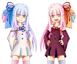 Rule 34 | 2girls, at2., blue hair, blunt bangs, blush, closed mouth, fang, hands on own hips, kotonoha akane, kotonoha aoi, long hair, looking at viewer, multiple girls, open mouth, pink hair, red eyes, siblings, sisters, smile, teeth, upper teeth only, voiceroid