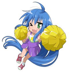 1girl ;d ahoge armpits blue_hair blush cheerleader dress full_body green_eyes holding izumi_konata jitome ki_(adotadot) long_hair looking_at_viewer lucky_star mole mole_under_eye one_eye_closed open_mouth pom_pom_(cheerleading) purple_dress shoes simple_background sleeveless smile sneakers socks solo standing standing_on_one_leg star_(symbol) very_long_hair white_background