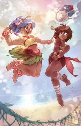 Rule 34 | 2girls, ajna (indivisible), ankle flower, ankle wrap, anklet, ball, barefoot, beach, beach volleyball, beachball, beads, blue hair, brown hair, dark-skinned female, dark skin, grass skirt, highres, indivisible, jewelry, lapres, leilani, multiple girls, playing sports, roti (indivisible), rtil, strapless, tapir, tube top, volleyball, volleyball (object)