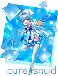 Rule 34 | &gt;:d, 1girl, :d, blue background, blue eyes, blue hair, blue skirt, blue theme, brooch, cosplay, crossover, cure marine, cure marine (cosplay), english text, heart, heart brooch, heartcatch precure!, highres, ikamusume, jewelry, long hair, look-alike, looking at viewer, looking back, magical girl, matching hair/eyes, mosaic background, no choker, open mouth, parody, precure, shinryaku! ikamusume, skirt, smile, solo, spread fingers, thighhighs, v-shaped eyebrows, white thighhighs, zettai ryouiki