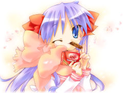 Rule 34 | 00s, 1girl, blue eyes, blush stickers, bow, cherry blossoms, chocolate, eating, flat chest, food, hair bow, hiiragi kagami, kitkat, long hair, looking at viewer, lucky star, mouth hold, necktie, nyanmilla, one eye closed, petals, pink scarf, pointing, product placement, purple hair, scarf, school uniform, serafuku, solo, twintails, upper body, very long hair, wink