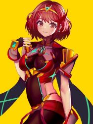 Rule 34 | 1girl, bob cut, breasts, closed mouth, commentary request, core crystal (xenoblade), eyelashes, eyeshadow, looking at viewer, makeup, medium breasts, medium hair, pink eyeshadow, pyra (xenoblade), red eyes, red hair, rokuba, simple background, skin tight, skindentation, smile, solo, tiara, xenoblade chronicles (series), xenoblade chronicles 2, yellow background