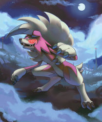 Rule 34 | claws, cloud, cloudy sky, commentary, creature, creatures (company), dark, english commentary, fog, full body, full moon, game freak, gen 7 pokemon, grass, lycanroc, lycanroc (midnight), moon, night, night sky, nintendo, no humans, outdoors, pinkgermy, pokemon, pokemon (creature), red eyes, sharp teeth, sky, solo, standing, star (sky), starry sky, teeth