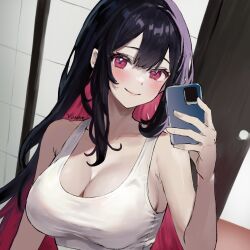 Rule 34 | 1girl, artist name, black hair, blush, breasts, camisole, cleavage, closed mouth, collarbone, colored inner hair, crop top, holding, holding phone, large breasts, long hair, multicolored hair, original, phone, photo-referenced, pink eyes, pink hair, selfie, smile, solo, white camisole, y uunaa