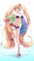 Rule 34 | 1girl, :d, absurdly long hair, ahoge, akashic chronicle, bare shoulders, bikini, bikini under clothes, black bikini, blonde hair, blue shorts, breasts, cleavage, flower, full body, green jacket, hair flower, hair ornament, halterneck, hibiscus, innertube, jacket, layla (akashic chronicle), leg up, long hair, looking at viewer, medium breasts, micro shorts, navel, nii (user kftj5453), off shoulder, open clothes, open fly, open jacket, open mouth, pink eyes, sandals, shorts, smile, solo, stomach, string bikini, swim ring, swimsuit, thigh strap, thighs, v-shaped eyebrows, very long hair