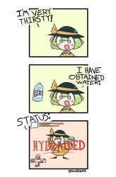 Rule 34 | 1girl, 3koma, :d, absurdres, artist name, black hat, blush, bottle, bow, comic, commentary, dark souls (series), english commentary, english text, eosd2002, food, gameplay mechanics, green eyes, green hair, hat, hat bow, heads-up display, health bar, heart, highres, knife, komeiji koishi, long sleeves, open mouth, outstretched arms, shirt, short hair, shrimp, shrimp tempura, smile, solo, spread arms, t-pose, tempura, third eye, touhou, twitter username, water bottle, weapon, yellow bow, yellow shirt