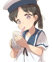 Rule 34 | 1girl, alchera, black hair, blue sailor collar, brown eyes, bubble tea, commentary request, dress, drinking, drinking straw, hat, hiburi (kancolle), kantai collection, low ponytail, one-hour drawing challenge, sailor collar, sailor dress, sailor hat, shoes, short hair, short sleeves, simple background, socks, solo, upper body, uwabaki, white background, white dress, white hat, white socks