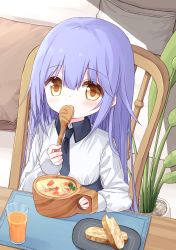Rule 34 | 1girl, black necktie, black skirt, blush, bread, brown eyes, chair, collared shirt, covered mouth, cup, drinking glass, food, hair between eyes, hand up, high-waist skirt, holding, holding spoon, juice, long hair, long sleeves, looking away, mug, necktie, on chair, orange juice, original, pillow, plant, potted plant, purple hair, shirt, sitting, skirt, sleeves past wrists, solo, spoon, very long hair, white shirt, wooden spoon, yuuhagi (amaretto-no-natsu)