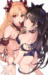 Rule 34 | 2girls, ass, bad id, bad twitter id, between breasts, bikini, breasts, bubble tea, bubble tea challenge, cup, disposable cup, drink, drinking, drinking straw, drinking straw in mouth, ereshkigal (fate), fate/grand order, fate (series), highres, ishtar (fate), long hair, looking at viewer, multiple girls, object on breast, red eyes, swimsuit, to gemichi