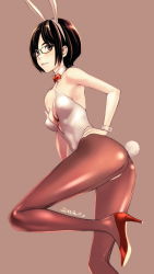 Rule 34 | animal ears, armpits, ass, bad id, bad pixiv id, bare shoulders, blush, bob cut, bow, bowtie, breasts, brown background, brown eyes, cleavage, commentary, detached collar, fake animal ears, from side, glasses, hairband, hand on own hip, high heels, highres, leg up, leotard, light blush, looking to the side, original, pantyhose, parted lips, playboy bunny, plunging neckline, rabbit ears, rabbit tail, red bow, red bowtie, red footwear, red pantyhose, short hair, simple background, sleeve cuffs, solo, tail, takano masayuki, white leotard