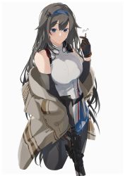 Rule 34 | 1girl, arm warmers, bare shoulders, black hair, blue eyes, breasts, bullet, commission, expressionless, girls&#039; frontline, gloves, hair flaps, highres, large breasts, long hair, pantyhose, skeb commission, solo, super sass, super sass (girls&#039; frontline), super sass (mod3) (girls&#039; frontline), sutekina awa, very long hair