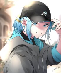 Rule 34 | 1boy, absurdres, alternate costume, aqua eyes, aqua hair, baseball cap, black hat, black shirt, blurry, blurry background, closed mouth, commentary request, creatures (company), day, game freak, grey hoodie, grusha (pokemon), hand on headwear, hand up, hat, hei tai (kyaputen1), highres, hood, hood down, hoodie, looking at viewer, male focus, nintendo, outdoors, pokemon, pokemon sv, shirt, short ponytail, signature, smile, solo, upper body