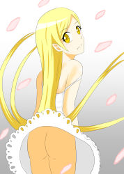 Rule 34 | 1girl, absurdres, artist request, ass, bakemonogatari, bare shoulders, blonde hair, dress, eyebrows, fang, from behind, gradient background, highres, long hair, looking at viewer, looking back, monogatari (series), oshino shinobu, pointy ears, solo, upskirt, yellow eyes