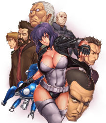 Rule 34 | 00s, 1girl, 6+boys, ahoge, bad id, bad pixiv id, bald, batou (gits), beard, belt, belt skirt, black hair, black jacket, boma (gits), breasts, brown hair, cigarette, cleavage, closed mouth, collarbone, covered navel, cowboy shot, curvy, cyborg, everyone, facial hair, fingerless gloves, frown, ghost in the shell, ghost in the shell stand alone complex, gloves, groin, gun, handgun, head tilt, highleg, highleg leotard, holding, holding gun, holding weapon, ibanen, ishikawa (gits), jacket, kusanagi motoko, large breasts, leaning, leather, leather jacket, leotard, looking at viewer, looking to the side, mecha, mouth hold, multiple boys, open clothes, open jacket, outline, parted lips, paz (gits), ponytail, portrait, purple hair, red eyes, robot, saito, saitou (gits), serious, short hair, sideburns, silver hair, simple background, skin tight, smoking, standing, strapless, strapless leotard, tachikoma, tan, thighhighs, thighs, togusa (gits), trigger discipline, upper body, weapon, wind, wind lift