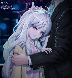 Rule 34 | 1boy, 1girl, ahoge, blue archive, blue necktie, blurry, business suit, commentary request, crying, crying with eyes open, demon girl, demon horns, depth of field, forehead, formal, hair between eyes, halo, headpat, height difference, highres, hina (blue archive), hina (pajamas) (blue archive), horns, indoors, jacket, jacket on shoulders, long hair, long sleeves, looking at another, necktie, night, night sky, official alternate costume, open clothes, open jacket, out of frame, pajamas, parted lips, pink pajamas, polka dot, polka dot pajamas, purple eyes, sensei (blue archive), sidelocks, sky, streaming tears, suit, supersugar, sweater jacket, tears, white hair, window, yellow jacket