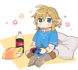 Rule 34 | 1boy, ahoge, blonde hair, blue eyes, blue shirt, blush stickers, boots, brown footwear, chips (food), closed mouth, cola, commentary request, controller, earrings, food, full body, game controller, grey pants, holding, holding controller, jewelry, joy-con, knee boots, layered sleeves, link, long sleeves, male focus, nintendo, pants, pillow, pointy ears, shirt, short over long sleeves, short sleeves, snack, solo, the legend of zelda, the legend of zelda: breath of the wild, ttanuu., white background