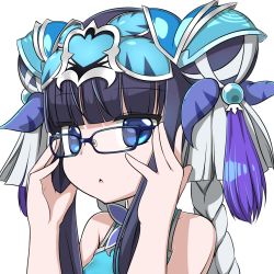 Rule 34 | 1girl, bare shoulders, bespectacled, blue-framed eyewear, blue eyes, braid, chestnut mouth, chinese clothes, commentary, double bun, glasses, hair ornament, haku (p&amp;d), lilium0235, long hair, looking at viewer, multicolored hair, purple hair, puzzle &amp; dragons, shirt, silver hair, sleeveless, sleeveless shirt, solo, two-tone hair