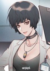 Rule 34 | 1girl, artist name, black hair, black tank top, blurry, blurry background, breasts, brown eyes, choker, cleavage, clipboard, coat, holding, holding clipboard, id card, jewelry, lab coat, medium breasts, necklace, onegingek, open clothes, open coat, parted lips, persona, persona 5, short hair, solo, spiked choker, spikes, takemi tae, tank top, white coat