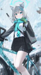 Rule 34 | 1girl, absurdres, aqua eyes, arch a4, bicycle, blue archive, grey hair, highres, looking at viewer, necktie, shiroko (blue archive), smile, solo