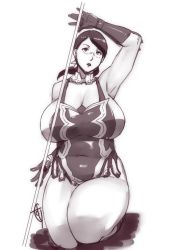 Rule 34 | 1girl, armpits, black hair, breasts, cattleya (queen&#039;s blade), female focus, ganto, glasses, huge breasts, lips, monochrome, plump, ponytail, queen&#039;s blade, simple background, solo, thick thighs, thighs
